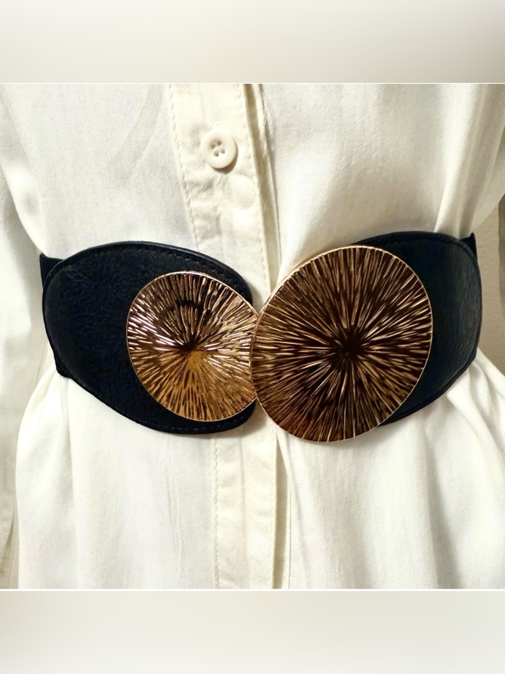Black PU leather elastic waistband belt with gold tone buckle